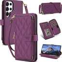 for Samsung Galaxy S24 Ultra Wallet Case with Crossbody and Wrist Strap for Women Girls,Fashion PU Leather RFID Blocking Kickstand Flip Folio Phone Cover with Card Holder and Zipper Purple