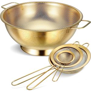 Norme 5 Quart Stainless Steel Gold Colander and 3 Pcs Gold Fine Mesh Strainer, Stainless Steel Pasta Rice Food Metal Strainer with Handles, Easy Clean and Dishwasher Safe