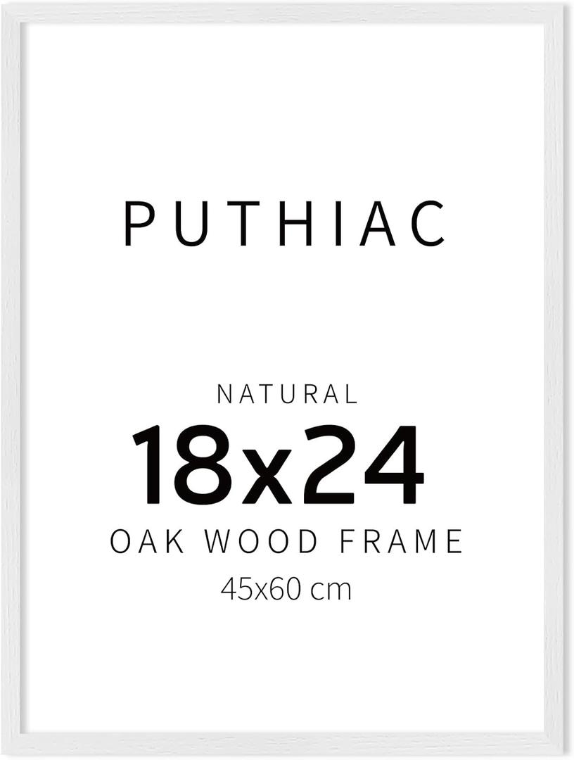 puthiac 18x24 Solid Oak Wood Picture Frame, No Mat, Wall Display Only, Vertical or Horizontal, Plexi Front, 1 Pack, White