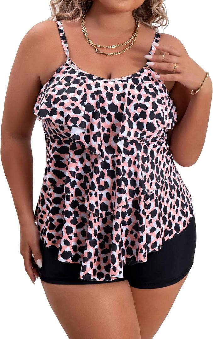 B2prity Women Plus Size Tankini Swimsuits Tummy Control Two Piece Bathing Suit Ruffled Flounce Swimwear with Shorts, XX-Large, Black/Pink/White