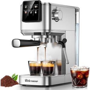 RELEXNOW Espresso Machine, 20 Bar Espresso Maker Milk Frother & LCD Panel, Hot & Iced with Rapid Cold Brew, Stainless Steel Espresso Coffee Machine with 41oz Water Tank for Cappuccino, Latte