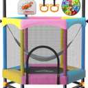 60" Trampoline for Kids, Twinkoo 5FT Fortified Toddler Trampolines with Anti-Rollover Bottom, Indoor/Outdoor Toddler Trampoline with Safety Enclosure, Adjustable Gymnastics Bars, Basketball Hoop