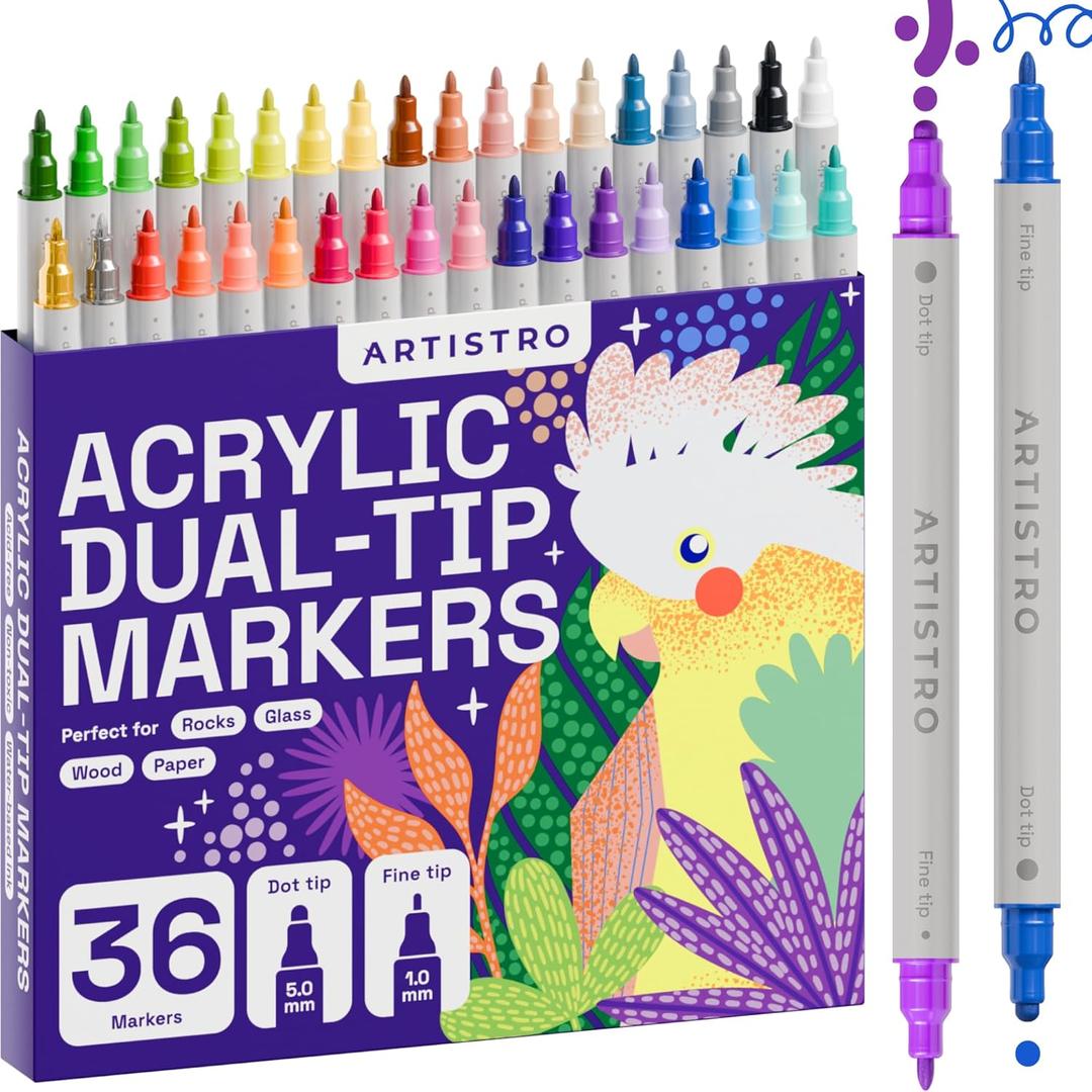 ARTISTRO 36 Dual Tip Acrylic Paint Markers, Acrylic Paint Pens, Fabric Markers for Textile, Rock, Glass, Wood, Paper, Ceramic, Canvas DIY Art Supplies Kit for Kids and Adults (Dual Tip Dot + Fine, 36)