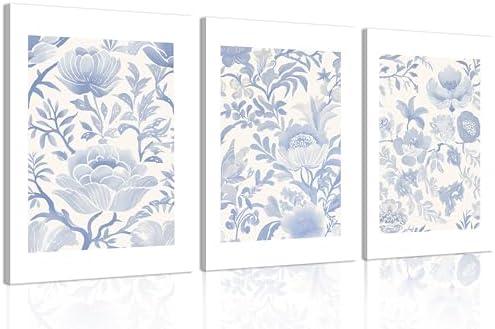 Blue And White Vintage Floral Chinoiserie Canvas wall art Light Blue Aesthetic Painting Picture Wall Decor Simple Peonies Poster Print Artwork for Bedroom Living Room Bathroom Home Decoration, 3 Packs