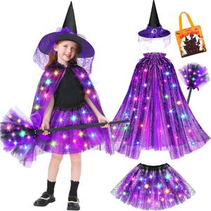 Jeowoqao Witch Costume for Girls Halloween Costumes, Light up Halloween Dress up Witch Cape Skirt Broom for Girl 3 4 5 6