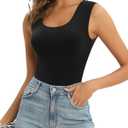 MANGOPOP Sleeveless Bodysuit For Women Scoop Neck Double Lined Tank Top Body Suit Basic Fitted Summer Going Out Tops (Large, Black)