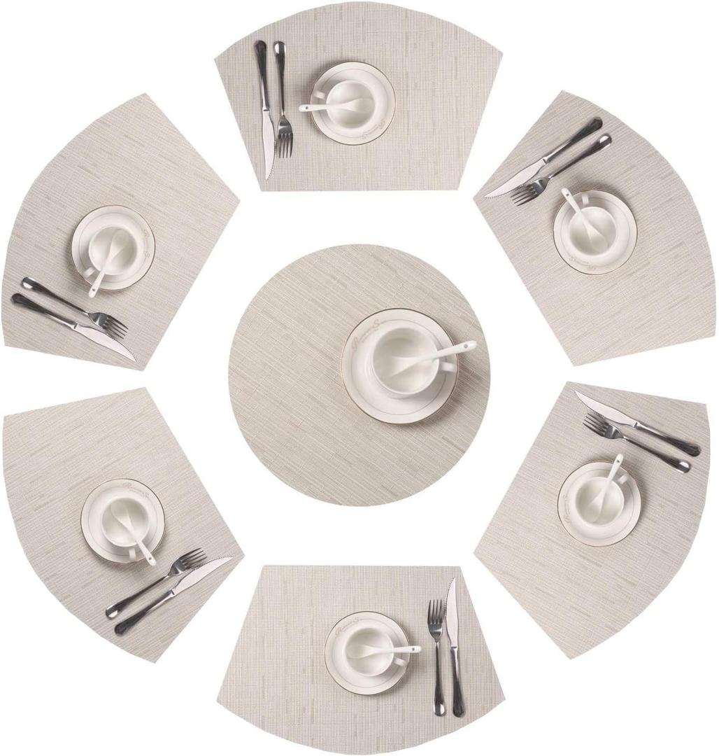 SHACOS Round Table Placemats Set of 7 Wedge Shaped Place Mat with Centerpiece Circle Mat Heat Resistant Small Round Table Mats Washable (7, Beige)