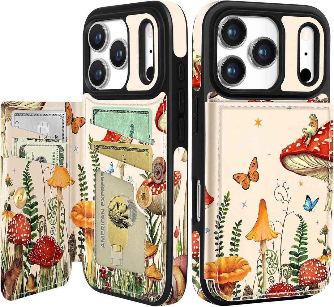 Shorogyt Compatible with iPhone 17 Pro Wallet Case with Card Holder - Cute Mushroo Frog Design Kickstand for Magnetic Clasp Back Flip Folio Leather Phone Covers for Women Men Girls