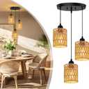 3 Light Pendant Lighting, Farmhouse Hanging Light Fixture for Kitchen Island & Dining Room, Industrial Vintage Ceiling Lamp with E26 Base, Adjustable Height, Rattan Pendant Light