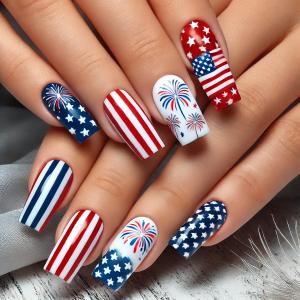 4th of July Press on Nails Medium Square Fake Nails Independence Day French Tips Firework Design False Nails Full Cover Glossy American Flag for Women Patriotic Nails Decoration 24Pcs