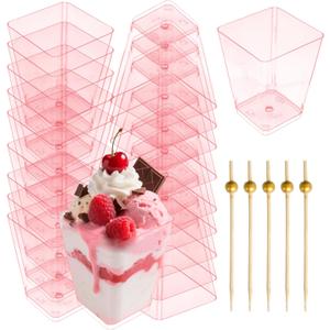 50 Packs Square Appetizer Cups with 100PCS Bamboo Stickers for Party,Clear Plastic Charcuterie Cups with Sticks Suitable for Fruit, Snack, Dessert,Parfait(Pink), 5 ounces