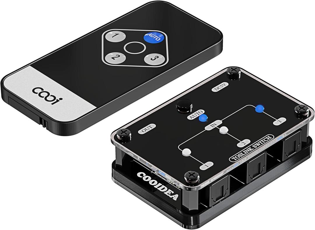COOIDEA Toslink Automatic Switch Digital Optical Switcher 3 in 1 Out with Remote Control Supports 192k/24Bit PCM2.0 DTS Dolby-AC3 Compatible with HDTV/Xbox/Blu-Ray Player/PS
