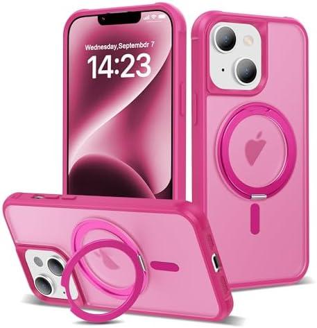 XIEWE for iPhone 13/14 Case 6.1 Inches 360°Rotatable Magnetic Ring Invisible Stand,[Compatible with Mag-Safe] Military Shockproof Frosted Translucent Case,Hot Pink, Pack Of 2