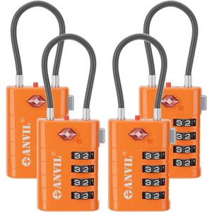 ANVIL TSA Approved Luggage Locks with Search Alert Indicator, 4-Digit Combination Suitcase Lock, Advanced TSA008 Core Heavy Duty Anti-Theft Travel Lock for Double Zippers, Backpacks (4, Orange)