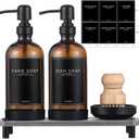 NEECZS Kitchen Soap Dispenser Set with Instant Dry Tray,16 Oz Hand and Dish Soap Amber Glass Dispenser Set, Stainless Steel Pump, Waterproof Labels & Dish Brush, Luxury Soap Bottle for Kitchen, Bathroom
