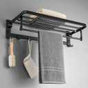 MUSTORN Towel Rack Wall Mount for Bathroom with Towel Bar and Hooks 23.6 in Foldable Towel Shelf Lavatory Towel Organizer Matte Black