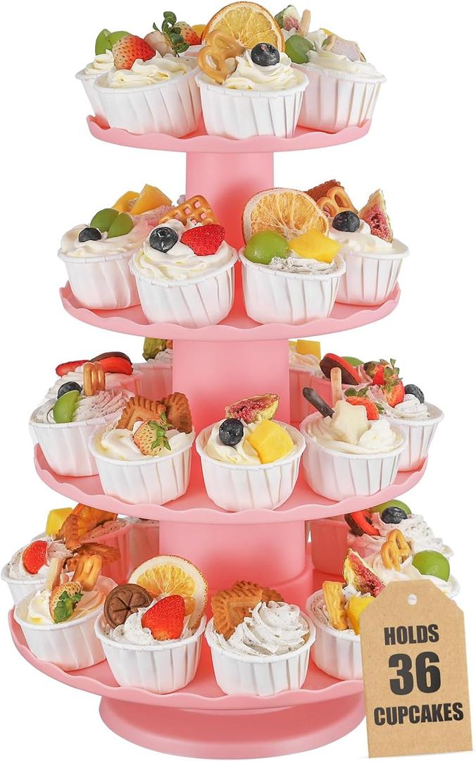 4-Tier Cupcake Stand for 36 CupcakesLarge Plastic Cupcake Tower Stand Cupcakes Holder Tree4 Tiered Dessert Table Stands for PartyReusable Cookie Risers for ChristmasWeddingBirthday Party Events (Pink)