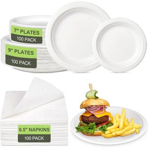 Disposable Paper Plates Set, 7-inch, 9-inch Eco friendly Heavy Duty Plates and Napkins Party Supplies, Compostable Dessert Dinner Paper Plate White, For 100 Guests