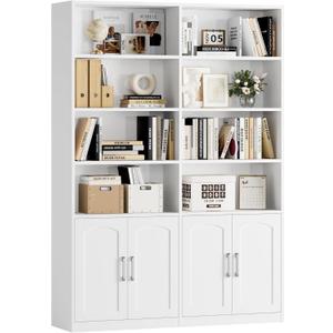 FACBOTALL Bookshelf and Bookcase with Doors, 6 Tier Double Wide Large Bookshelves, Open Display Shelves, 73'' Tall Bookshelf with Storage Cabinets for Home Office, Living Room, Library, White