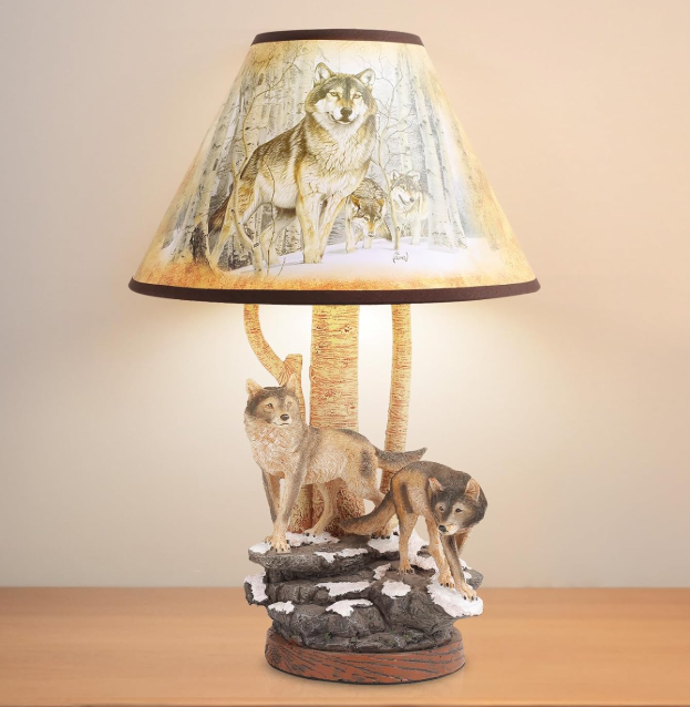 Forest Wolf Table lamp, Wildlife Side Table Lamp, Wolf Decor with lampshade (Includes Bulb), Nightlight for Cottage, Wooden Base for Bedside Table lamp, Rustic Farmhouse, Craft Traditional