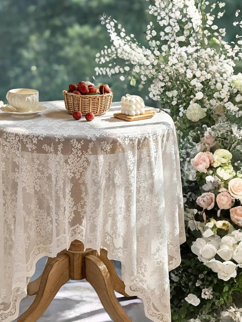 Lace Tablecloth Exquisite Embroidery Floral, Round Tablecloth with Wavy Openwork,Tablecloths for Wedding Decor,Afternoon Tea,Party
