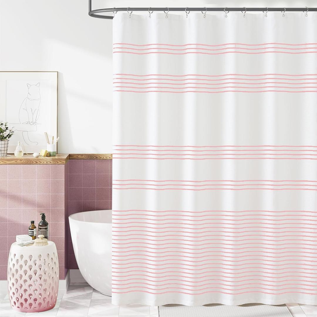 jinchan Pink and White Shower Curtain for Bathroom Modern Farmhouse Striped Waterproof Fabric Shower Curtain Set with 12 Hooks Machine Washable 70x72 Inches