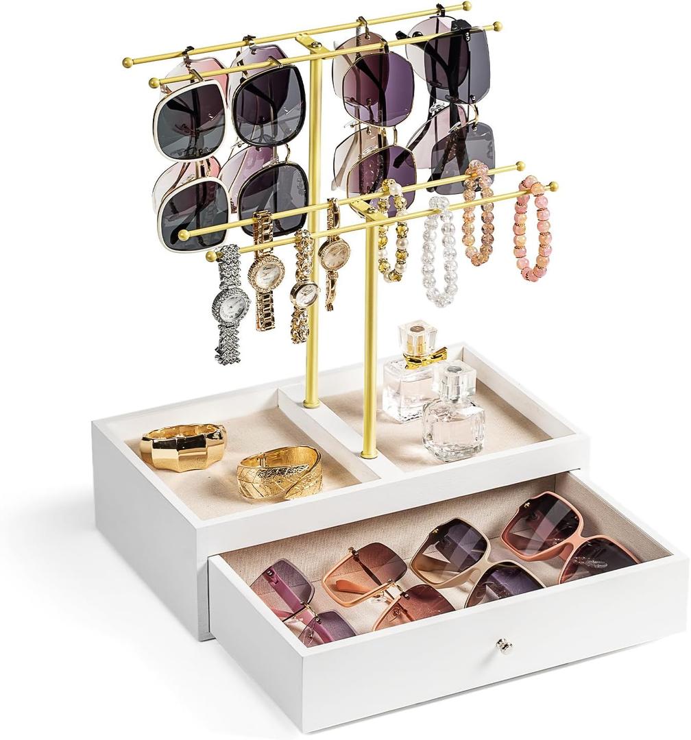 Emfogo Sunglass Organizer, 2-Tier Sunglasses Display Rack for 20 Pairs of Eyewear, Jewelry Holder Stand with Wood Drawer Storage for Glasses, Earrings, Bracelets, Rings & Watches (Gold+White)