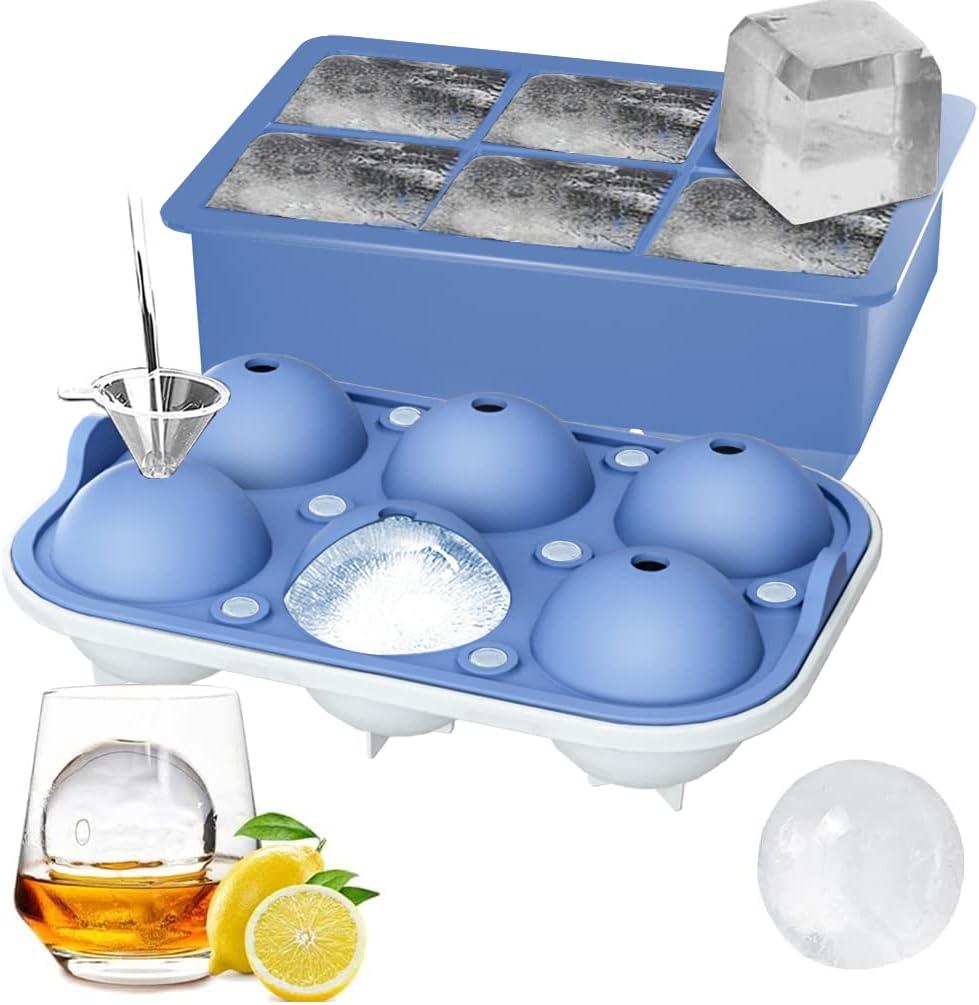 ROTTAY Ice Cube Trays (Set of 2), Sphere Ice Ball Maker with Lid & Large Square Ice Cube Maker for Whiskey, Cocktails and Homemade, Keep Drinks Chilled (Blue)