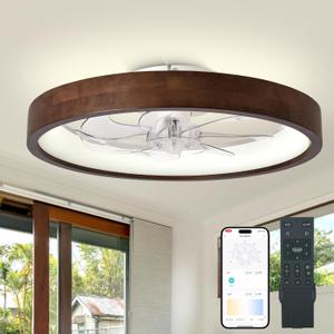 20” Ceiling Fans with Lights,3 Color Dimmable LED,6 Speeds,Reversible Modern Dark Wooden Flush Mount Low Profile Ceiling Fans with Lights and Remote for Bedroom/Kidsroom/Dinng Room