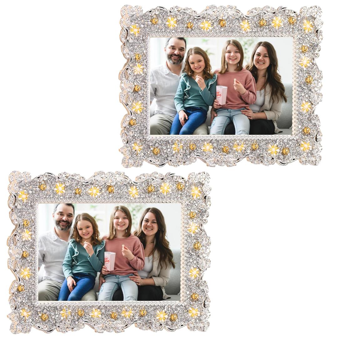 Beciway 2-Pack 4x6 Vintage Jeweled Picture Frames with Rhinestones Horizontal & Vertical Display Decorative Photo Frames for Wedding, Tabletop, or Shelf Elegant Gift for Loved Ones (Gold)
