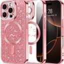 Hython for iPhone 16 Pro Case Glitter, Compatible with MagSafe Love Heart Magnetic Clear Phone Cases for Women Girls, Full Camera Protection Sparkle Shockproof Protective Cover, Shiny Pink