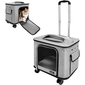 Pet Carrier with Wheels,Rolling Cat Carrier with Adjustable Pull Rod for Travel,Outdoor Use,Airline Approved Dog Carrier with Handle,Gray