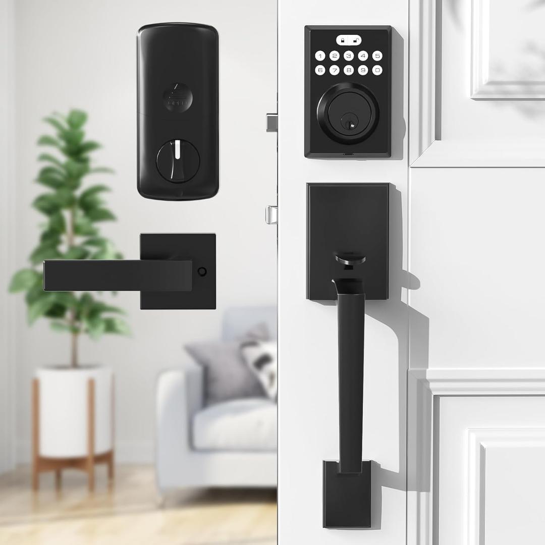 Keyless Entry Door Lock with Handle, Keypad Door Lock with Handle, Matte Black Front Door Lock Set, Anti-Peep Code Auto Lock Deadbolt, Easy Install for Exterior Home Apartment Rental