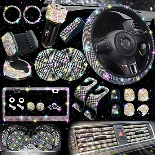 NBTEPEM 27 PCs Multicolor Bling Car Accessories Set for Women, Steering Wheel Covers Universal Fit 15 Inch, Bling License Plate Frame, Bling Phone Holder, Bling Car Coasters