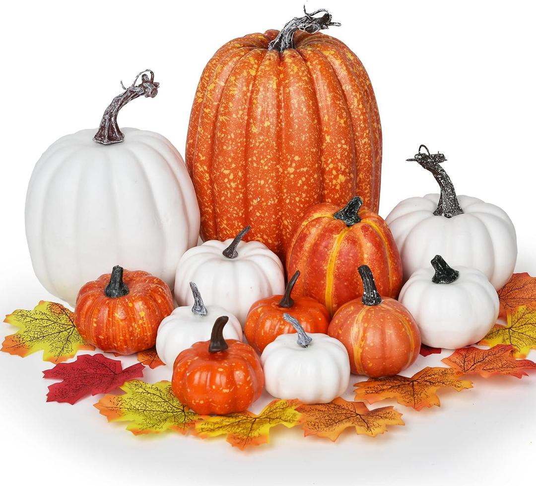 DearHouse 12Pcs Thanksgiving Artificial Pumpkins Set Clearance, Fall Pumpkins with Maple Leaves for Autumn Thanksgiving Holiday Home Decor