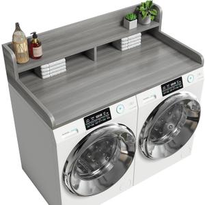 2-Tier Washer Dryer Countertop with 2.75"H Edge Rails, 54" W x 27.55" D Laundry Countertop for Folding Clothes, Washer and Dryer Topper with Non-Slip Pad (Stripe Gray)