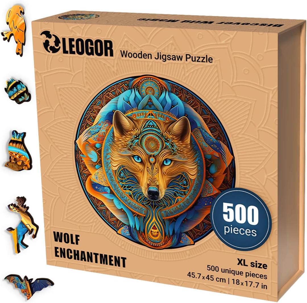 LEOGOR Wooden Puzzles for Adults  500 Piece, 18 x 17.7 in Extra-Thick 5mm Wood Puzzles Adult, Round XL Mosaic Jigsaw, Wolf Enchantment, Unique Hand-Shaped Pieces