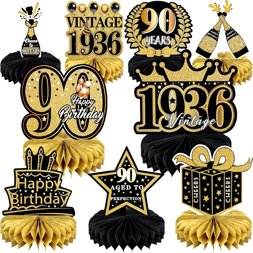 9 Pcs 90th Birthday Decoration for Men Women 90th birthday Centerpieces for Tables Decorations Cheers to 90 Years 1936 Birthday Honeycomb Table Topper Black and Gold 90th Birthday Party Favors