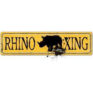 Rhino Xing Crossing Sign, Rustic Metal Wall Decor with Rhino Animal, Vintage Street Road Signs for Farmhouse, Cabin, Man Cave or Garage, Slim, Indoor/Outdoor, 4x16In