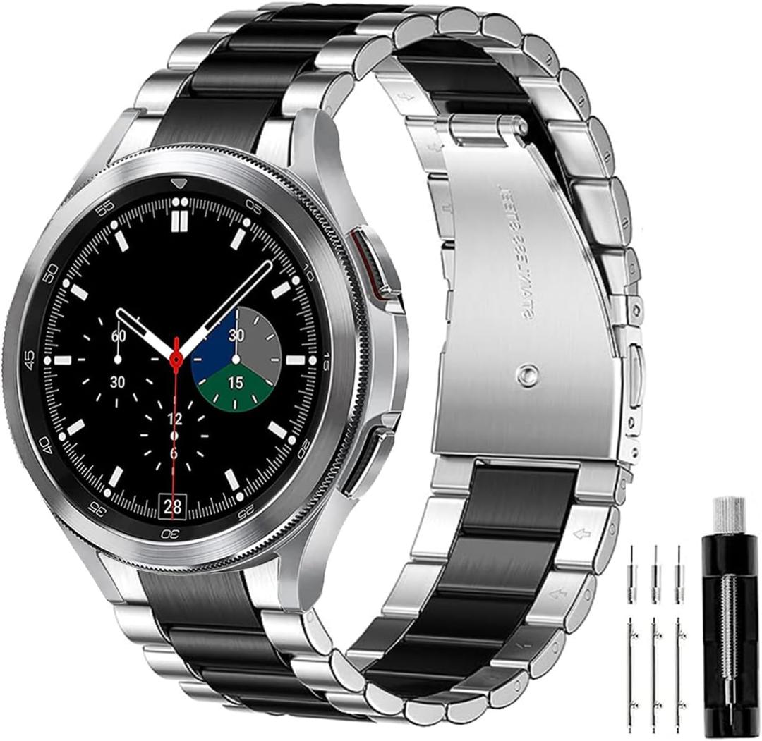 GOLDTOLUCK Compatible with Samsung Galaxy Watch 7 6 5 4 FE Band Pro Classic 3/47/45/40/44/42/46mm No Gap Classy Elegant Casual Men Women Metal Business Stainless Steel (Black/Silver)