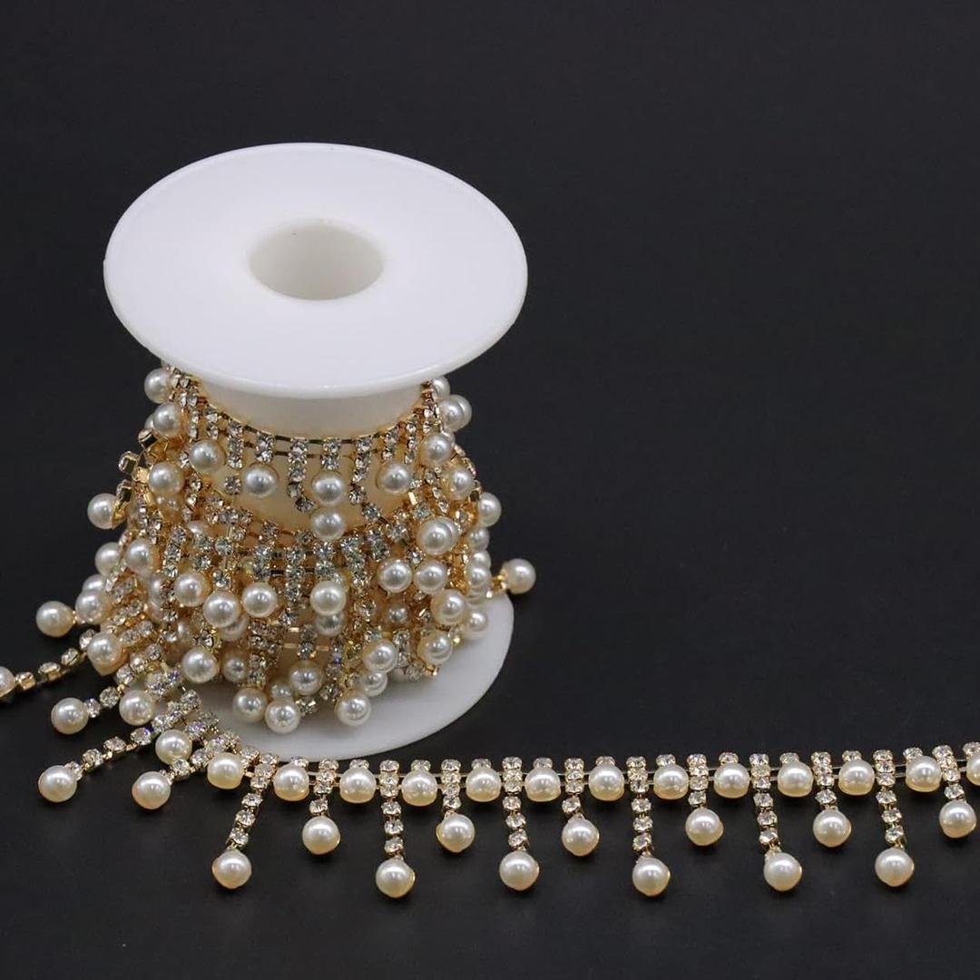 Jerler 2 Yards Crystal Gold Rhinestone Trim Chain, Inlaid Pearl Beaded for DIY Decoration and Bridal Embellishments, Ideal for Wedding Party (Long Tassels Pearl-Gold, 2 Yards)