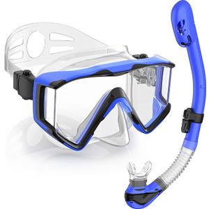 Greatever Snorkel Set Pano 3 Window Snorkel Mask Adult, Panoramic Wide View, Anti-Fog Scuba Diving Mask, Anti-Leak Snorkel Goggles Dry Top Snorkel, Professional Snorkeling Gear for Adults