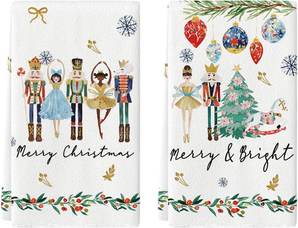 Artoid Mode Nutcrackers Xmas Balls and Trees Merry Christmas Kitchen Towels Dish Towels, 18x26 Inch Snowflakes Decoration Hand Towels Set of 2 (Beige)
