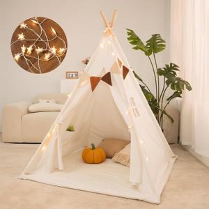 Kids Play Tent Set Portable Teepee Tent for Toddlers with Mat & Star Lights, Washable and Foldable Indoor Play House for Baby Aging 1-3 as Reading Nook & Room Decor