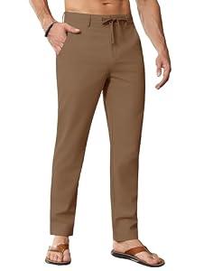 JWM Linen Dress Pants for Men Summer Casual Beach Lightweight Comfy Trousers Travel Vacasion Pants with Zipper Pocket 30" 32" Dark Khaki Size 40