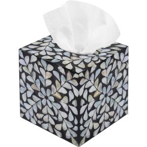 PEMAR Handcrafted Wooden Tissue Box Cover for Small Cube Tissue Boxes Only (Max Inner Size 4.7)  Mother of Pearl Inlay Decorative Tissue Holder for Bathroom, Living Room & Office (White Vines)