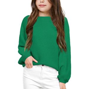 Girls Pullover Sweaters Kids Long Sleeve Drop Shoulder Sweaters Casual Boat Neck Knit Jumper Tops (Green)