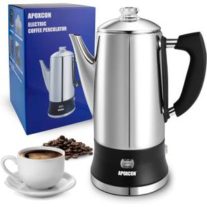 APOXCON Electric Coffee Percolator, Stainless Steel, with Glass Knob, Automatic Keep Warm, Cordless Serve,12 Cup