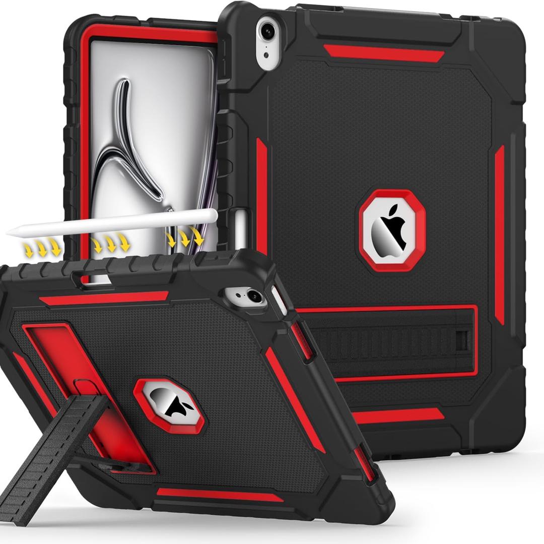 Grifobes Case for iPad Air 13-inch (M4/M3/M2) 2026/2025/2024, Heavy Duty Shockproof Rugged Protective Cover with Pencil Holder/Built-in Stand for i Pad Air 13" (Black/Red)