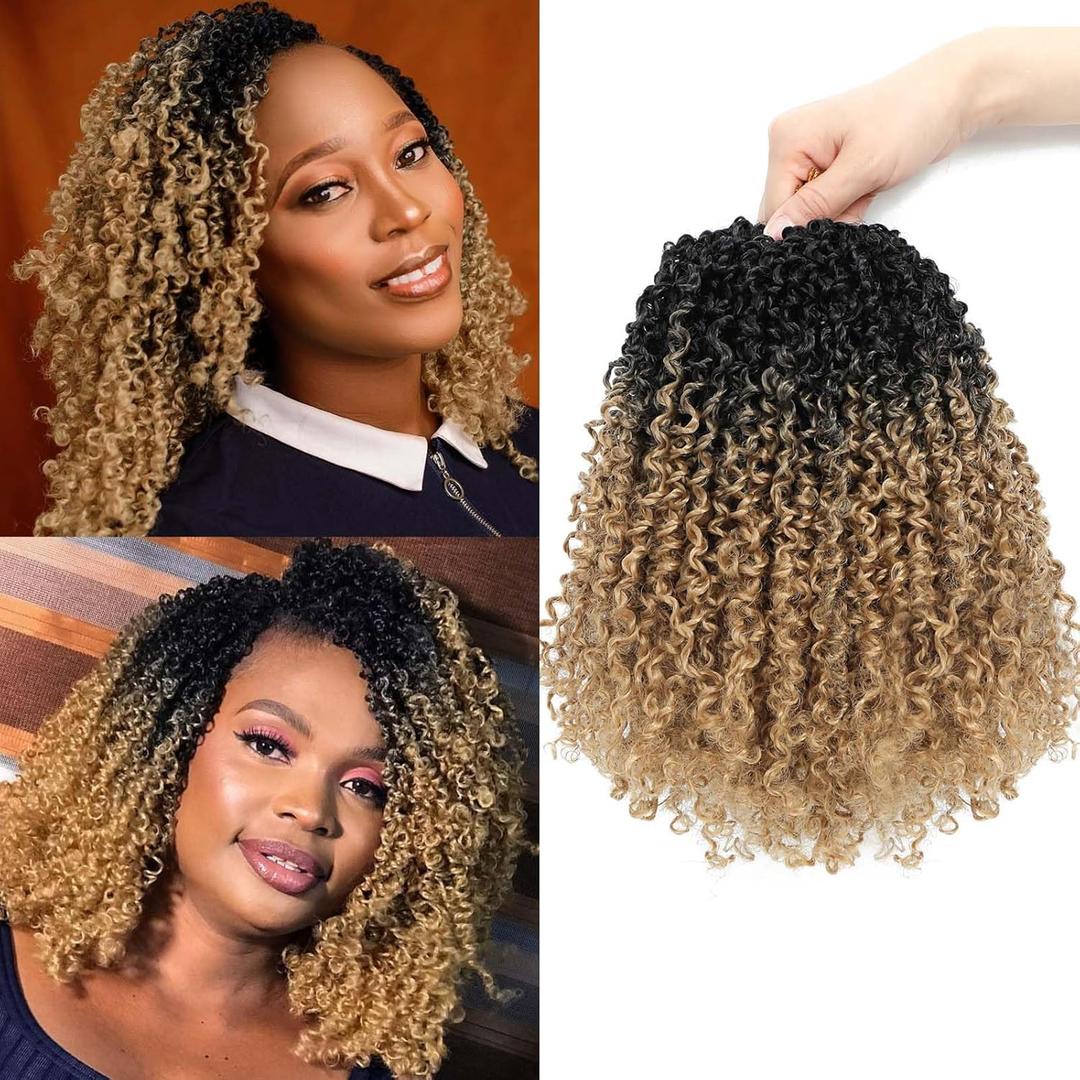 Aksice 10 Inch Pre-looped Yanky Twist Crochet Hair 8 Packs 30 Strands Pre-twisted Passion Twist Crochet Braids Hair with Curly Crochet Hair Senegalese Twist Braids (1B/27#)